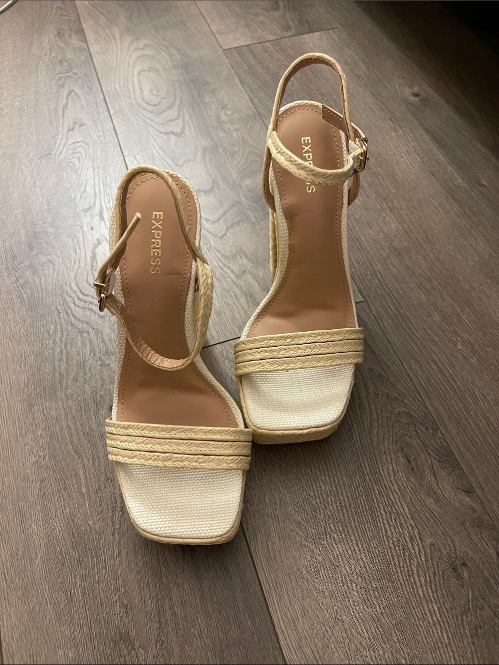 Express Cream Braided-Strap Ankle Strap Sandals